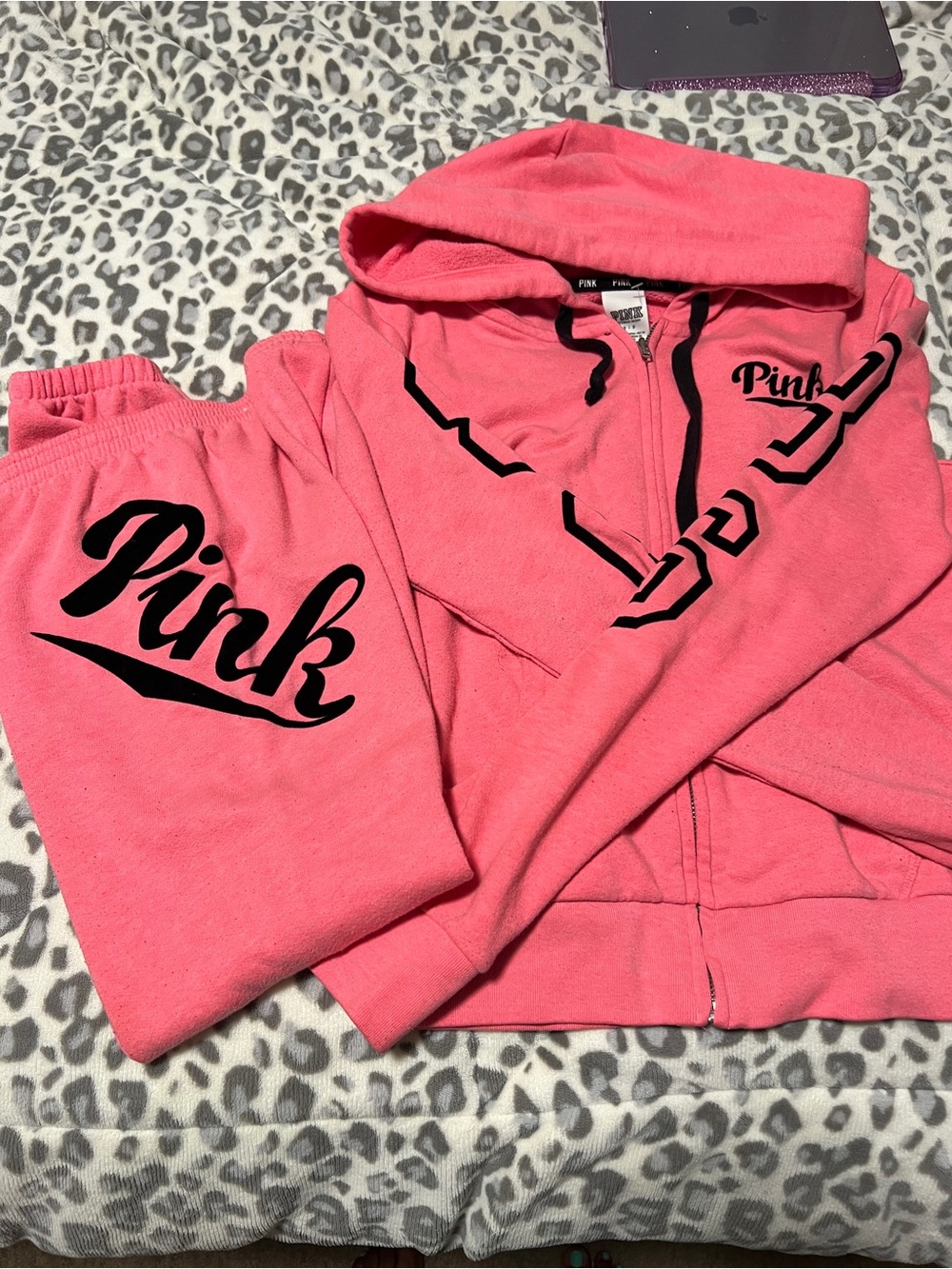 Victoria's Secret PINK Two-Piece Hoodie & Sweatpants Set in Hot Pink and Black